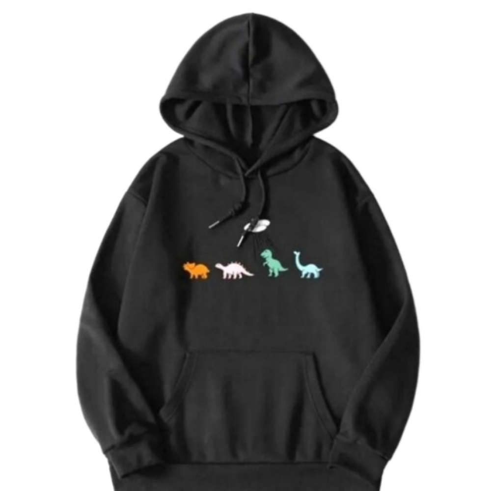 Vintage Black Unisex Cartoon Drawstring Langaroo Pullover Sweatshirt